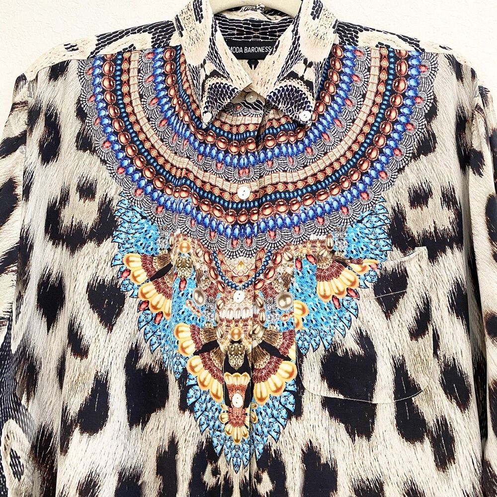 Moda Baronessa Button Up Blouse Multicolor‎ Animal Print 100% Silk Small Tunic - Picture 2 of 10